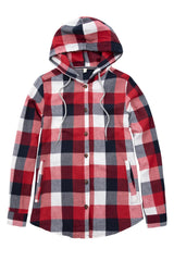 Women's Hooded Flannel Shirt Button Up Plaid Hoodie with Hand Pockets