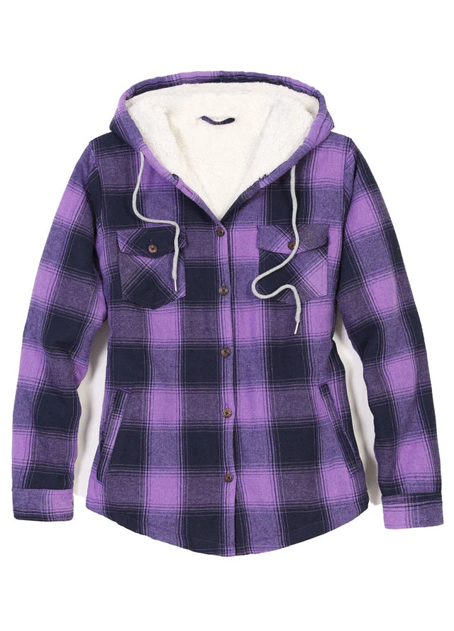 Women's Sherpa Lined Flannel Jacket with Hood,Button Up Plaid