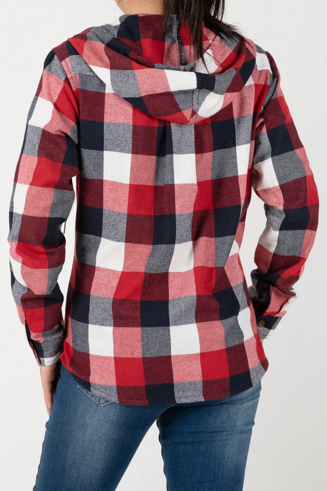 Women's Hooded Flannel Shirt Button Up Plaid Hoodie with Hand Pockets