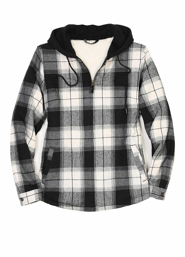 Women's Matching Family Black White Sherpa-Lined Flannel Hoodie
