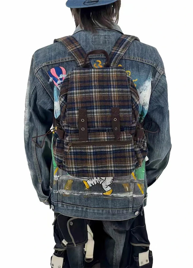 Vintage Patchworkl Check Flap Backpack