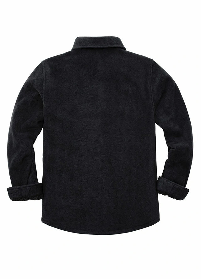 Back view of twill black men's outdoor fleece shirt jacket