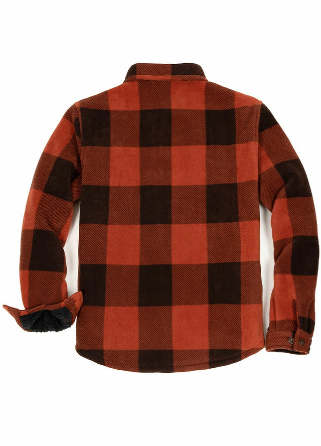 Back view of buffalo brown men's cozy plaid sherpa lined shirt jacket