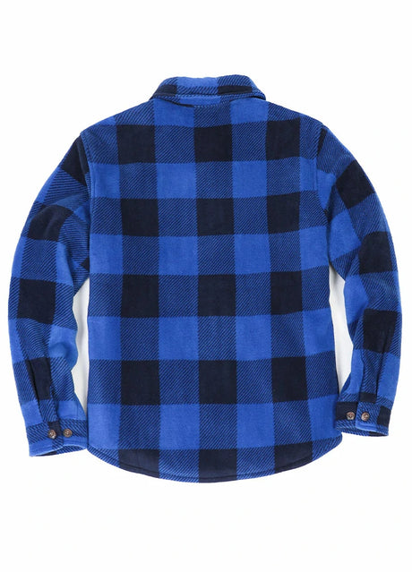 Back view of buffalo blue black men's cozy plaid sherpa lined shirt jacket