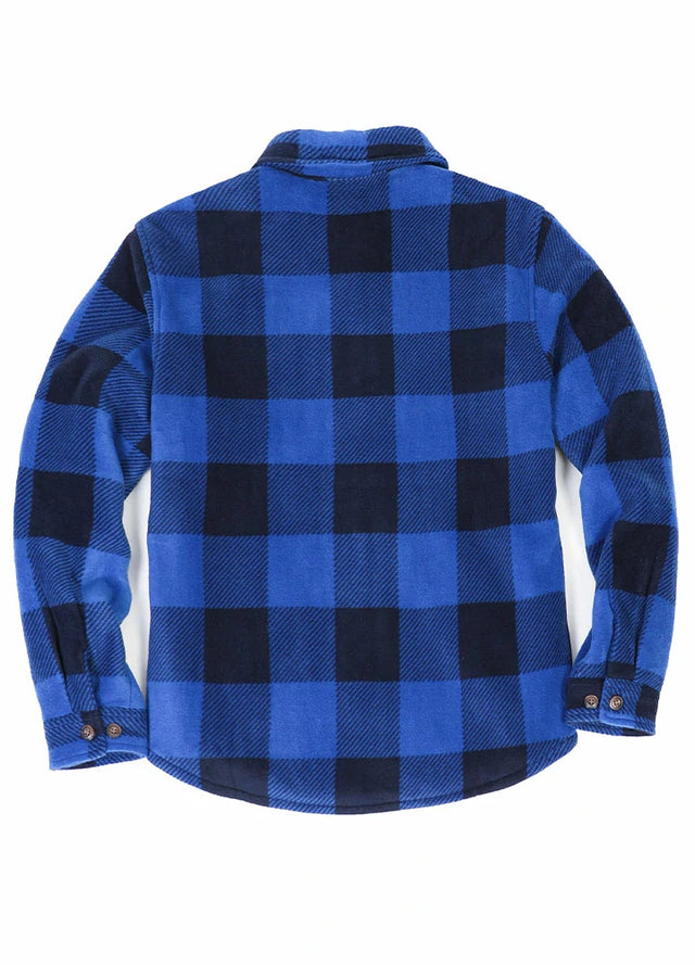 Back view of buffalo blue black men's cozy plaid sherpa lined shirt jacket