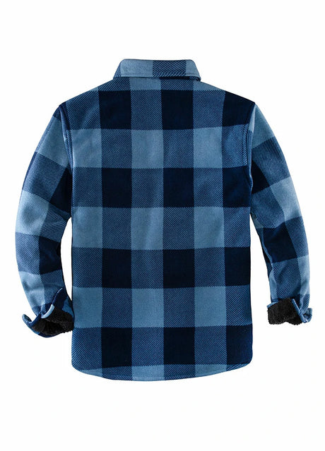 Back view of blue men's cozy plaid sherpa lined shirt jacket