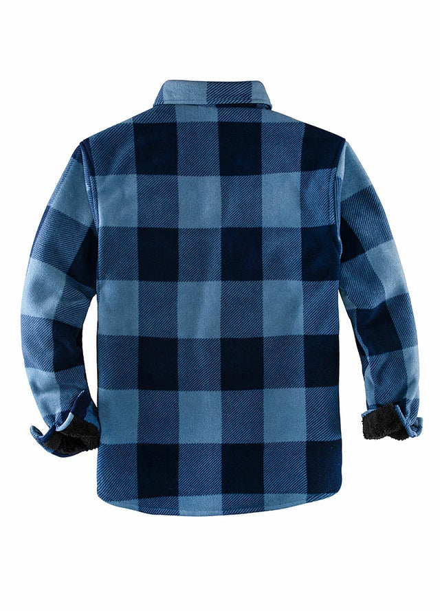 Back view of blue men's cozy plaid sherpa lined shirt jacket