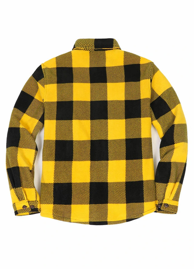 Back view of buffalo yellow black men's cozy plaid sherpa lined shirt jacket