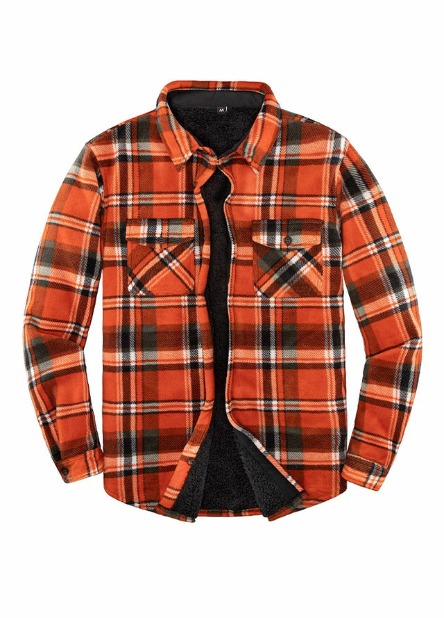 Front view of orange plaid men's plaid sherpa lined shirt jacket