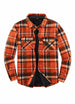 Front view of orange plaid men's plaid sherpa lined shirt jacket