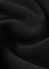 Detailed view of the fabric of solid black men's sherpa lined plaid jacket with button closure