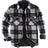 Front view of black grey men's plaid sherpa lined shirt jacket