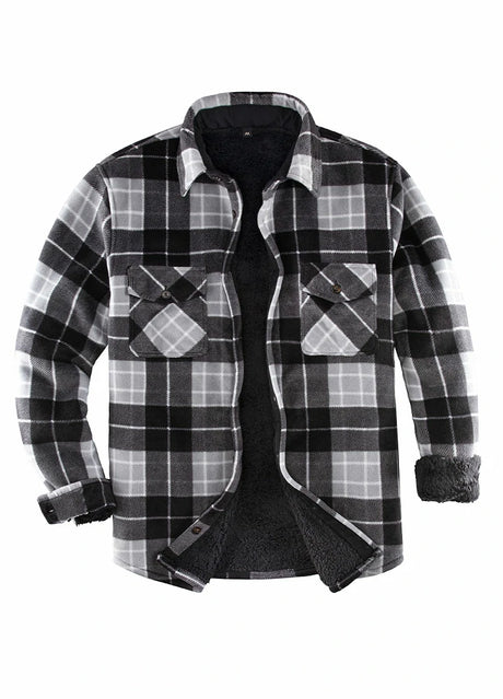 Front view of black grey men's plaid sherpa lined shirt jacket