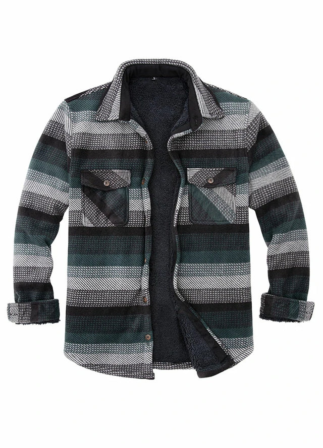 Front view of green stripe men's durable sherpa lined shacket