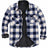 Front view of navy white men's plaid sherpa lined shirt jacket