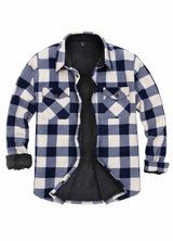 Front view of navy white men's plaid sherpa lined shirt jacket