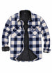 Front view of navy white men's plaid sherpa lined shirt jacket