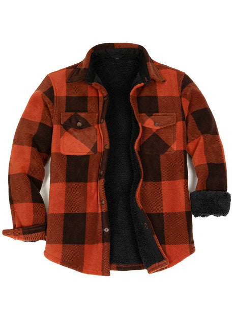 Front view of buffalo brown men's plaid sherpa lined shirt jacket