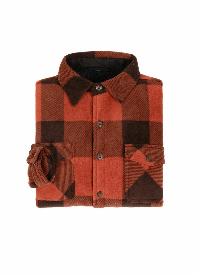 A high view of folded buffalo brown men's button closure jacket with sherpa lining