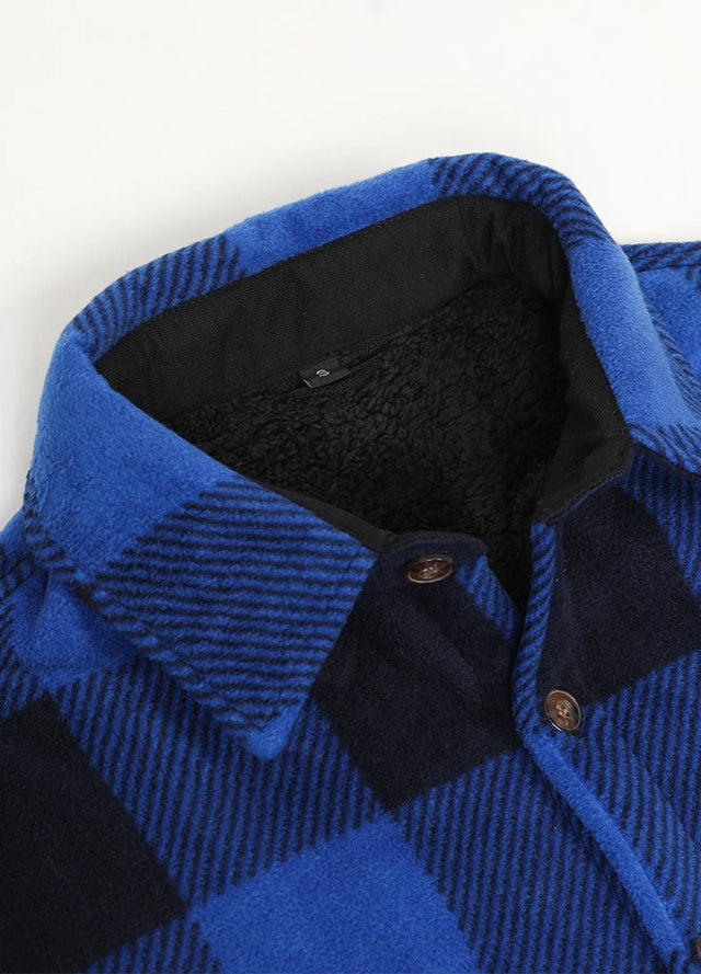 Front view of the lapel of buffalo blue black men's button closure sherpa lined shirt jacket