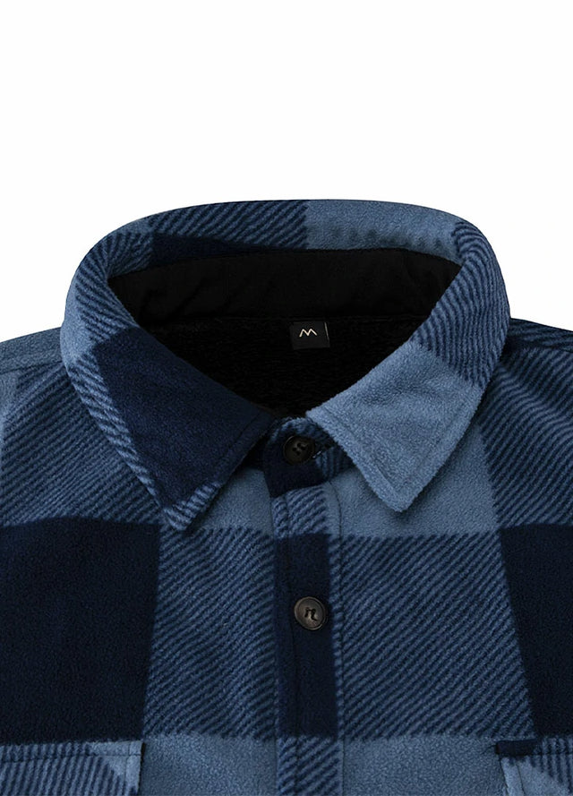 Front view of the lapel of blue men's button closure sherpa lined shirt jacket