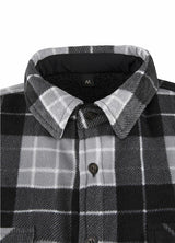 Front view of the lapel of black grey men's button closure sherpa lined shirt jacket