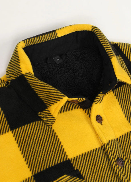 Front view of the lapel of buffalo yellow black men's button closure sherpa lined shirt jacket