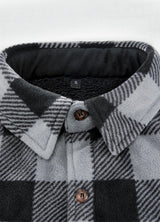 Front view of the lapel of grey men's button closure sherpa lined shirt jacket