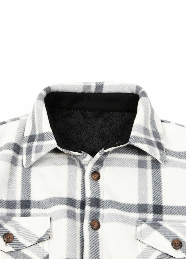 Close-up of the lapel of ice men's button closure sherpa lined shirt jacket