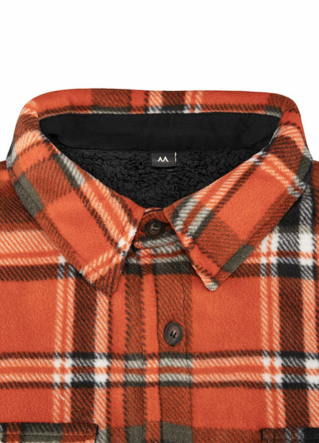 Front view of the lapel of orange plaid men's button closure sherpa lined shirt jacket