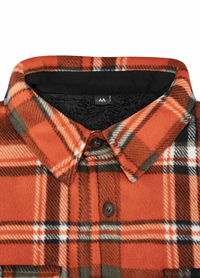 Front view of the lapel of orange plaid men's button closure sherpa lined shirt jacket