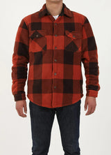 A man in a buffalo brown men's sherpa lined plaid jacket with button closure