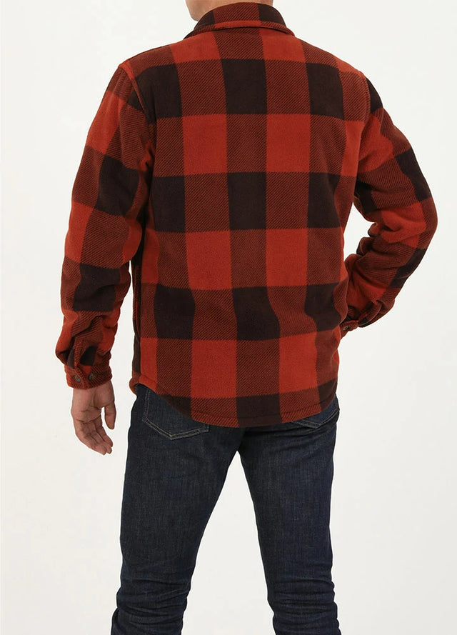 Back view of a man wearing a buffalo brown men's sherpa lined durable plaid jacket 