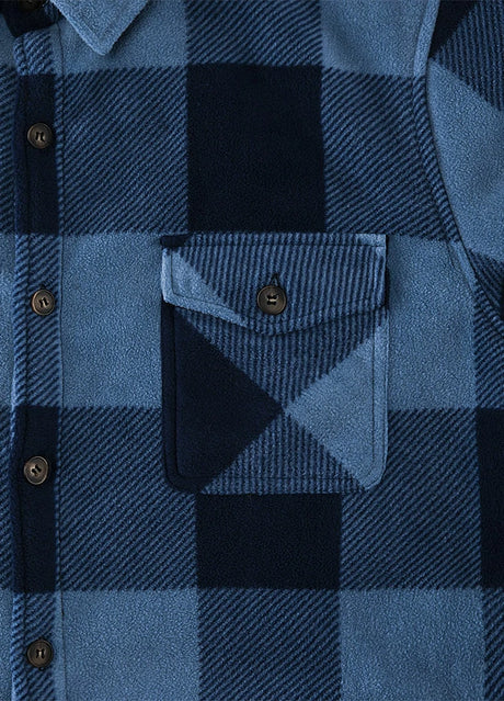 Close-up of the pocket of blue men's winter button closure shirt jacket