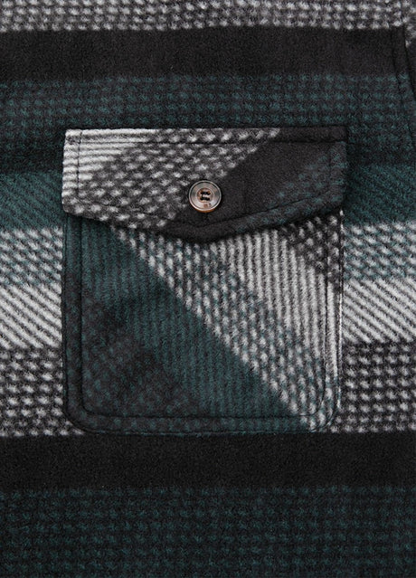 Close-up of the pocket of green stripe button plaid shirt jacket for men