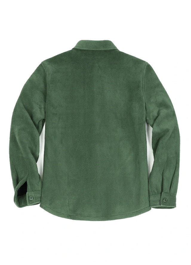 Back view of lark green men's outdoor fleece shirt jacket