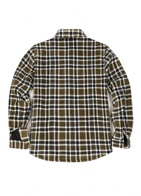 Back view of brown white men's cozy plaid sherpa lined shirt jacket