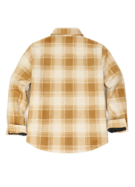 Back view of desert ivory men's button down plaid shirt jacket