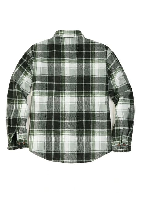 Back view of midnight dawn men's button down plaid shirt jacket