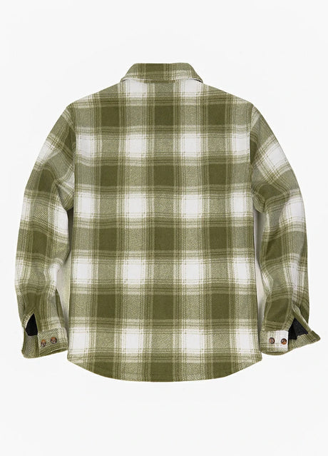 Back view of misty woodland men's button down plaid shirt jacket