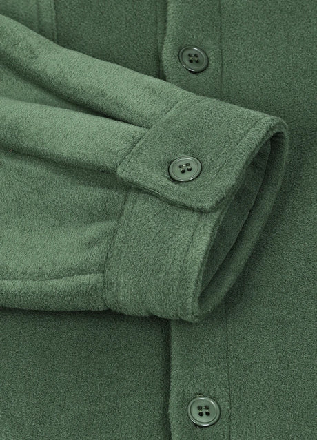 Close-up of the cuff of lark green men's seam pocket winter fleece shirt jacket