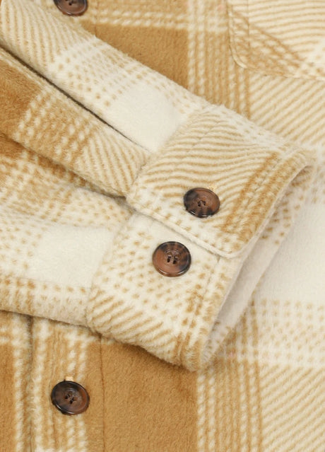 Close-up of the cuff of desert ivory sherpa lined plaid shirt jacket for men