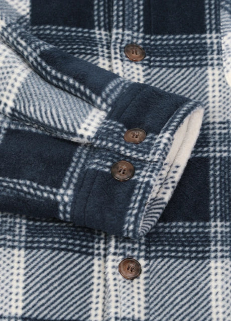 Close-up of the cuff of ocean breeze tartan men's sherpa lined shirt jacket with button closure