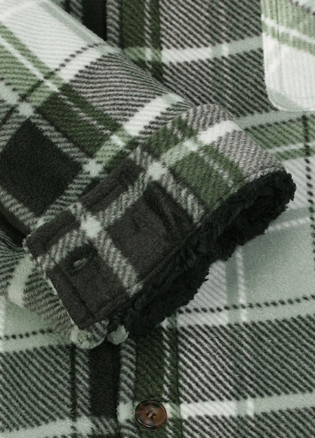 Close-up of the cuff of midnight dawn sherpa lined plaid shirt jacket for men