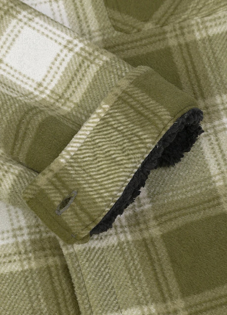 Close-up of the cuff of misty woodland sherpa lined plaid shirt jacket for men