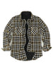 Front view of brown white men's plaid sherpa lined shirt jacket