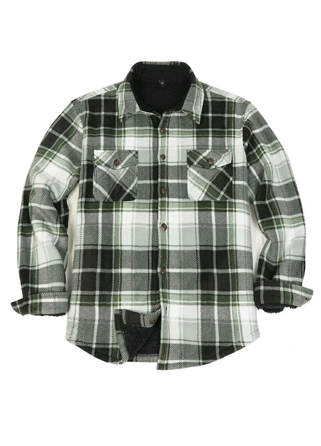 Front view of button closed midnight dawn men's sherpa lined plaid shirt jacket