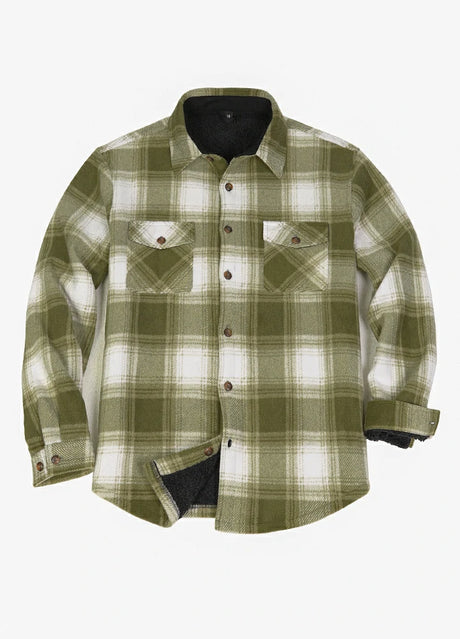 Front view of button closed misty woodland men's sherpa lined plaid shirt jacket