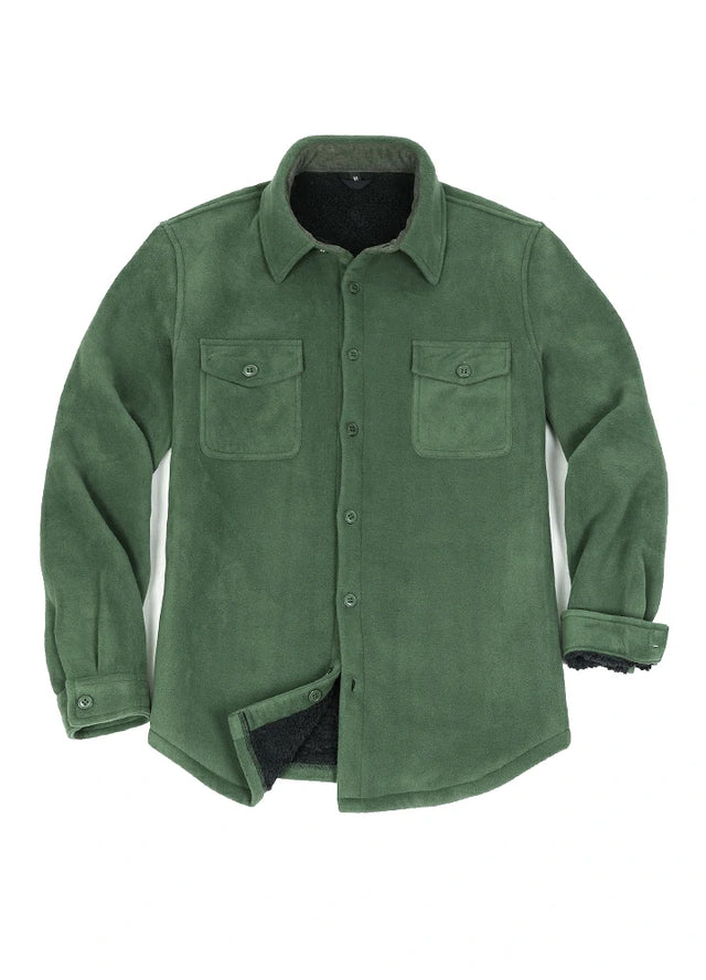 Front view of button closed lark green men's sherpa lined fleece shirt jacket