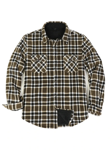 Front view of button closed brown white men's warm plaid sherpa lined shirt jacket 